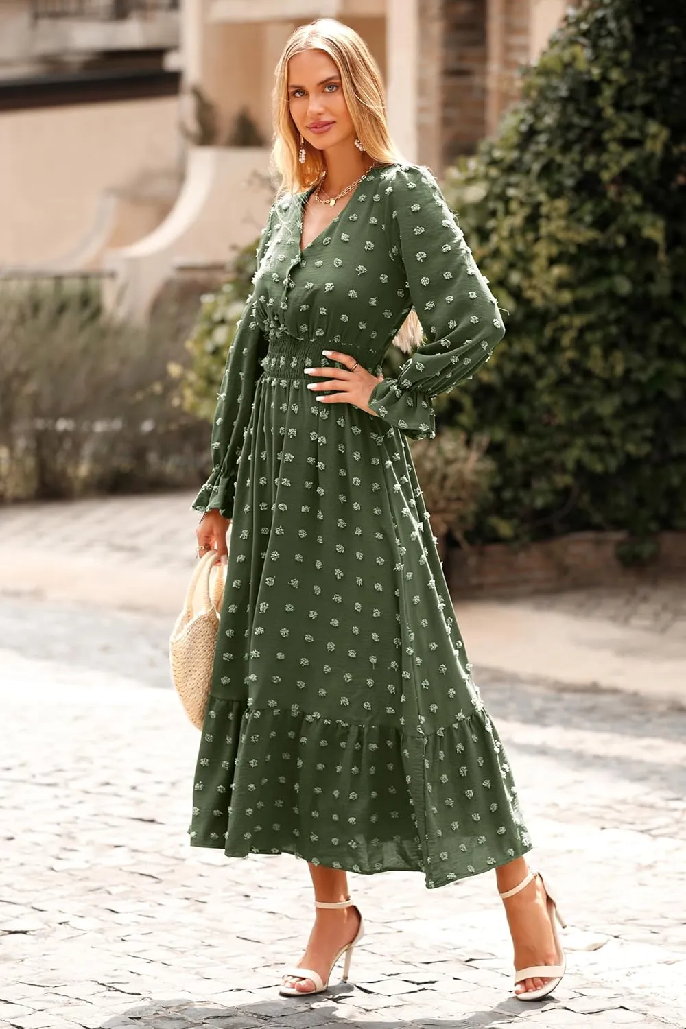 MASCOMODA Women Boho Maxi Dress 2025 Long Sleeve V Neck Swiss Dot Smocked High Waisted A-Line Ruffle Tiered Long Dress