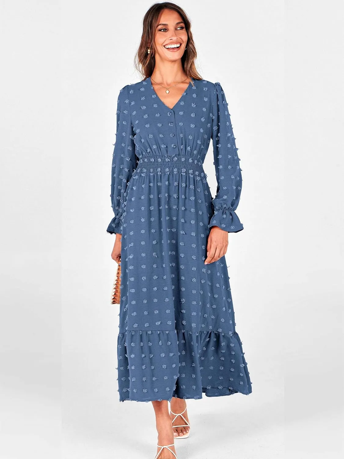 MASCOMODA Women Boho Maxi Dress 2025 Long Sleeve V Neck Swiss Dot Smocked High Waisted A-Line Ruffle Tiered Long Dress