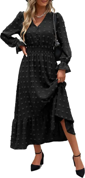 MASCOMODA Women Boho Maxi Dress 2025 Long Sleeve V Neck Swiss Dot Smocked High Waisted A-Line Ruffle Tiered Long Dress