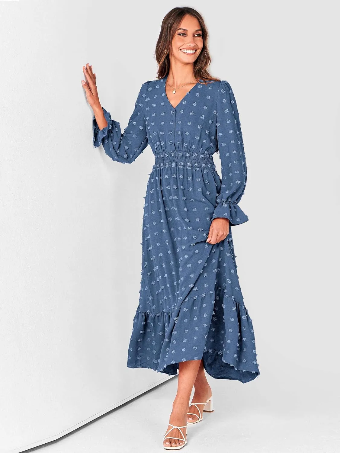 MASCOMODA Women Boho Maxi Dress 2025 Long Sleeve V Neck Swiss Dot Smocked High Waisted A-Line Ruffle Tiered Long Dress