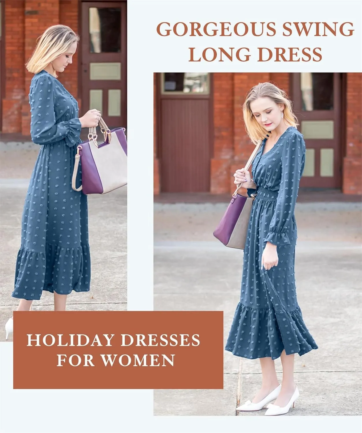 MASCOMODA Women Boho Maxi Dress 2025 Long Sleeve V Neck Swiss Dot Smocked High Waisted A-Line Ruffle Tiered Long Dress