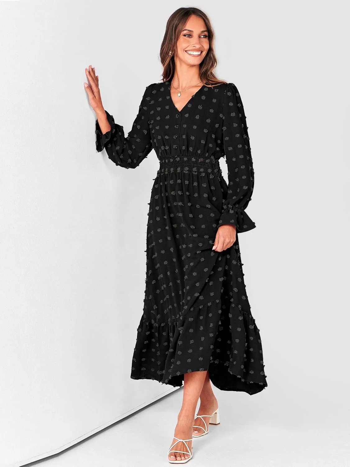 MASCOMODA Women Boho Maxi Dress 2025 Long Sleeve V Neck Swiss Dot Smocked High Waisted A-Line Ruffle Tiered Long Dress