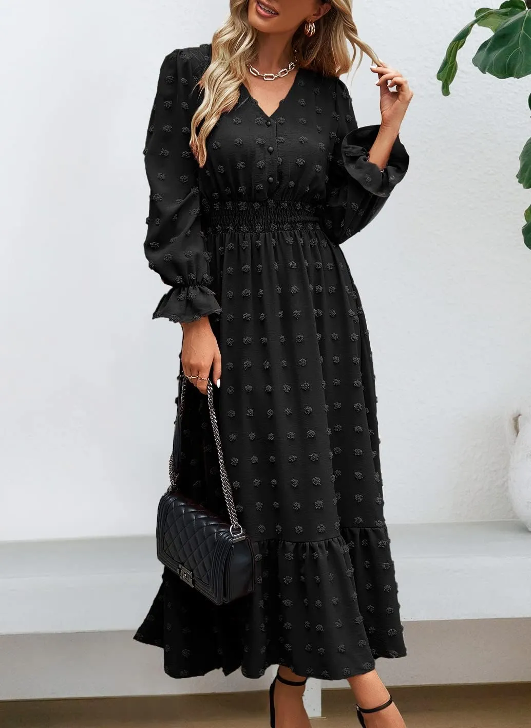 MASCOMODA Women Boho Maxi Dress 2025 Long Sleeve V Neck Swiss Dot Smocked High Waisted A-Line Ruffle Tiered Long Dress