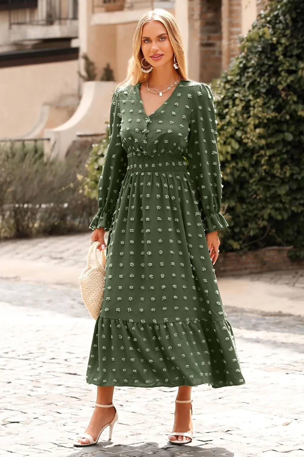 MASCOMODA Women Boho Maxi Dress 2025 Long Sleeve V Neck Swiss Dot Smocked High Waisted A-Line Ruffle Tiered Long Dress