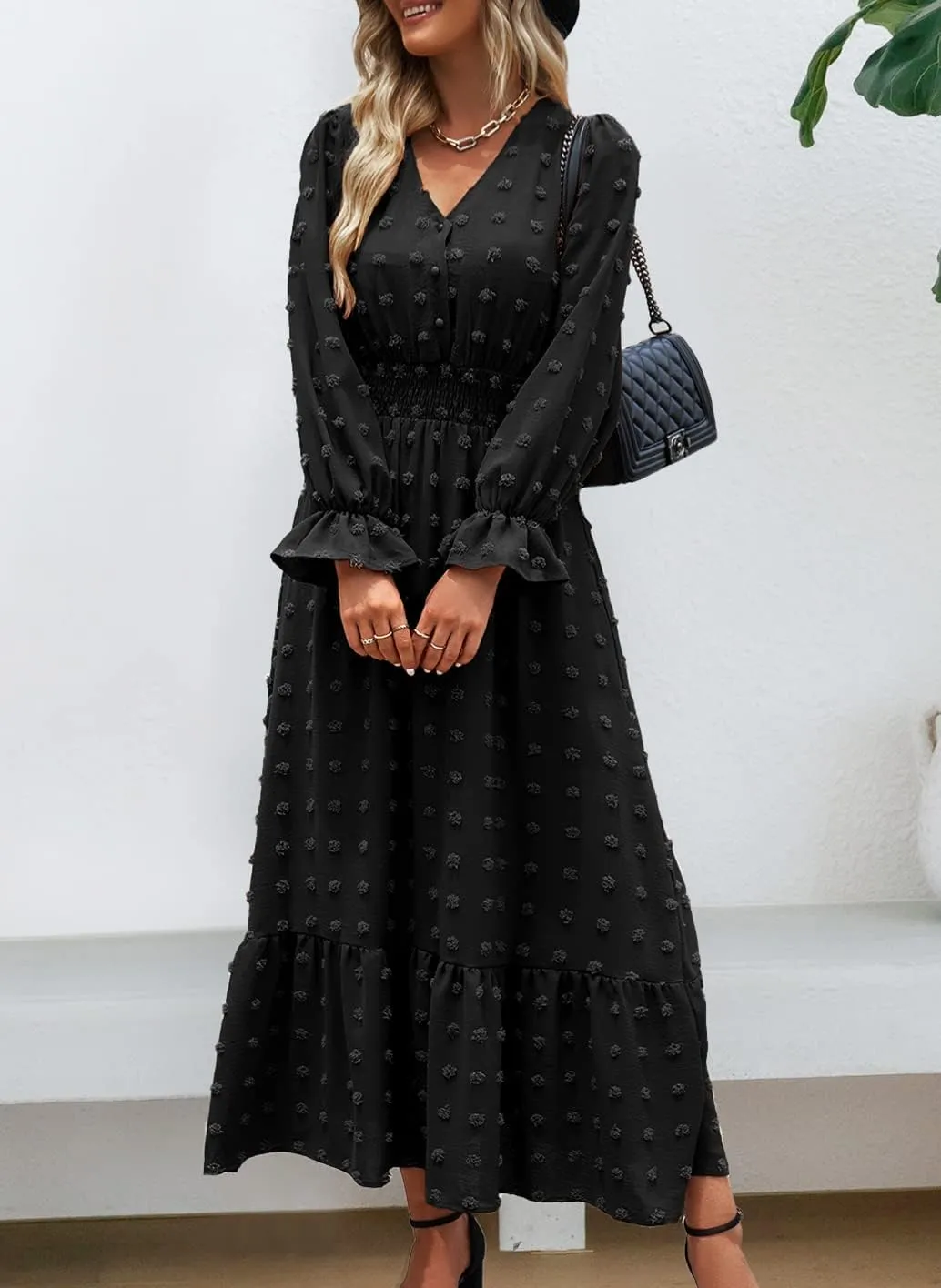 MASCOMODA Women Boho Maxi Dress 2025 Long Sleeve V Neck Swiss Dot Smocked High Waisted A-Line Ruffle Tiered Long Dress