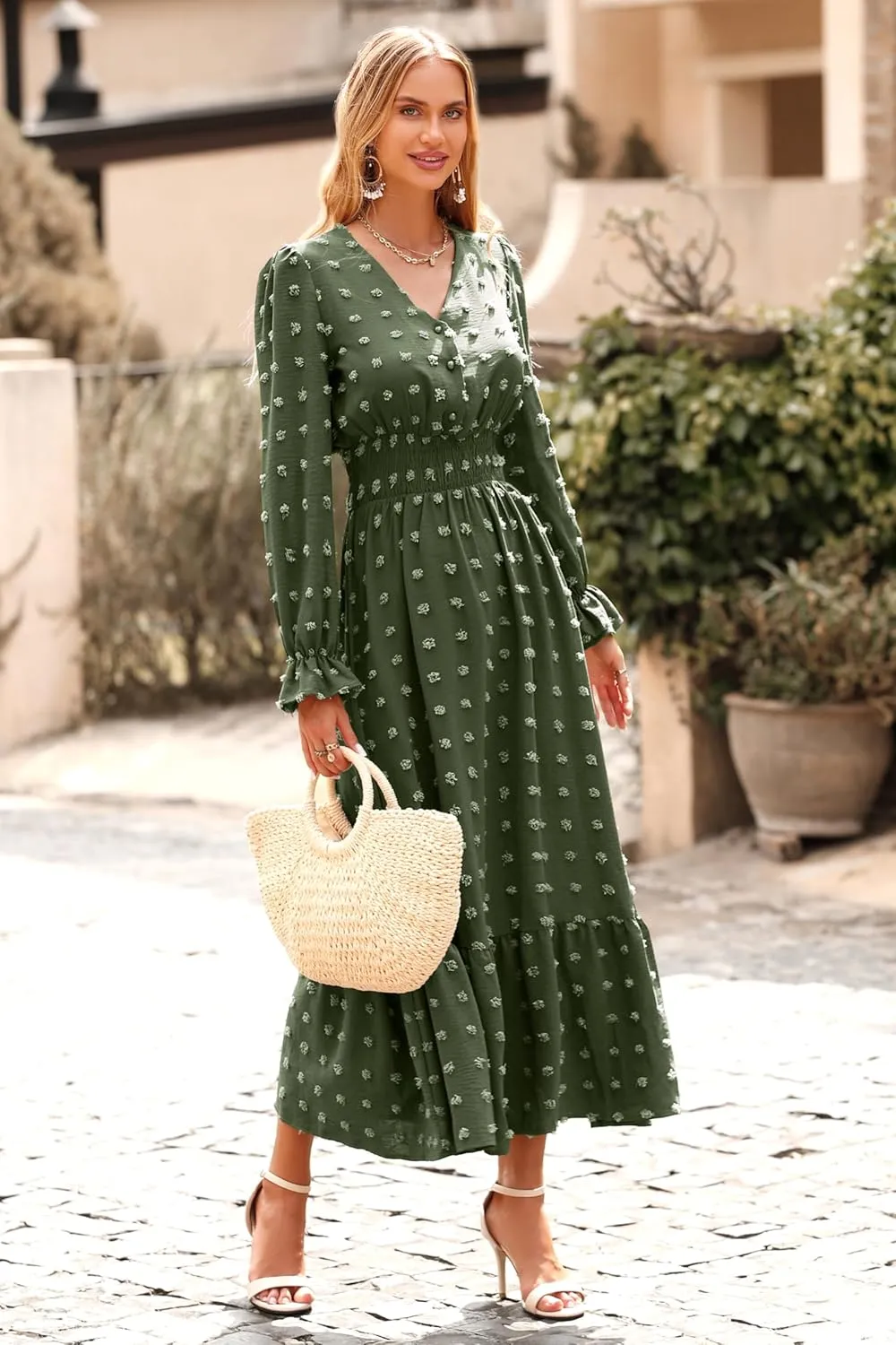 MASCOMODA Women Boho Maxi Dress 2025 Long Sleeve V Neck Swiss Dot Smocked High Waisted A-Line Ruffle Tiered Long Dress