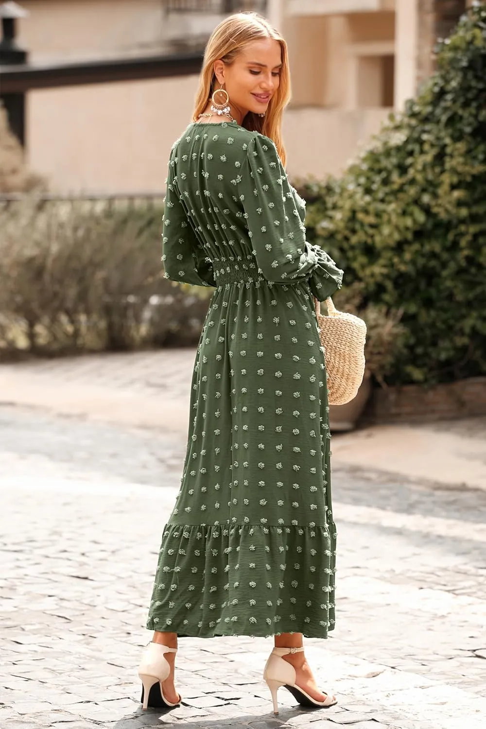 MASCOMODA Women Boho Maxi Dress 2025 Long Sleeve V Neck Swiss Dot Smocked High Waisted A-Line Ruffle Tiered Long Dress