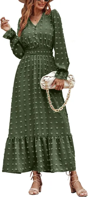 MASCOMODA Women Boho Maxi Dress 2025 Long Sleeve V Neck Swiss Dot Smocked High Waisted A-Line Ruffle Tiered Long Dress