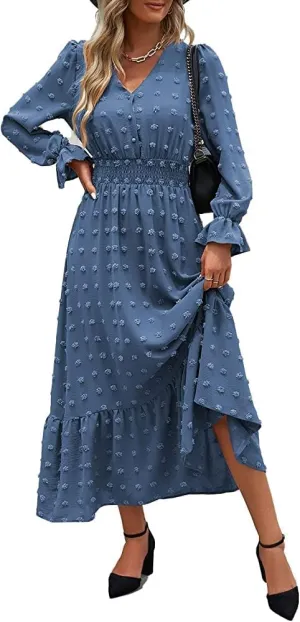MASCOMODA Women Boho Maxi Dress 2025 Long Sleeve V Neck Swiss Dot Smocked High Waisted A-Line Ruffle Tiered Long Dress