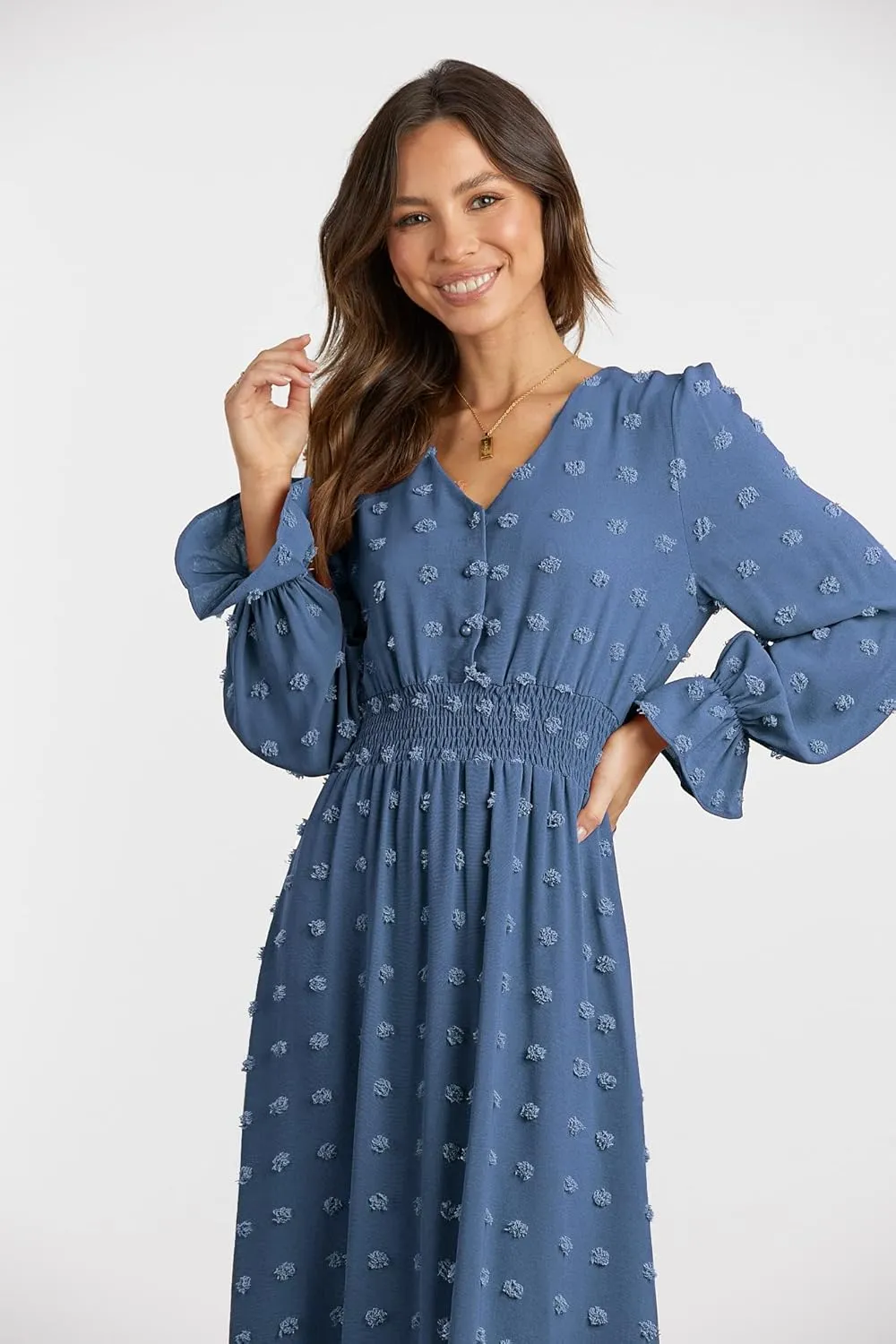 MASCOMODA Women Boho Maxi Dress 2025 Long Sleeve V Neck Swiss Dot Smocked High Waisted A-Line Ruffle Tiered Long Dress
