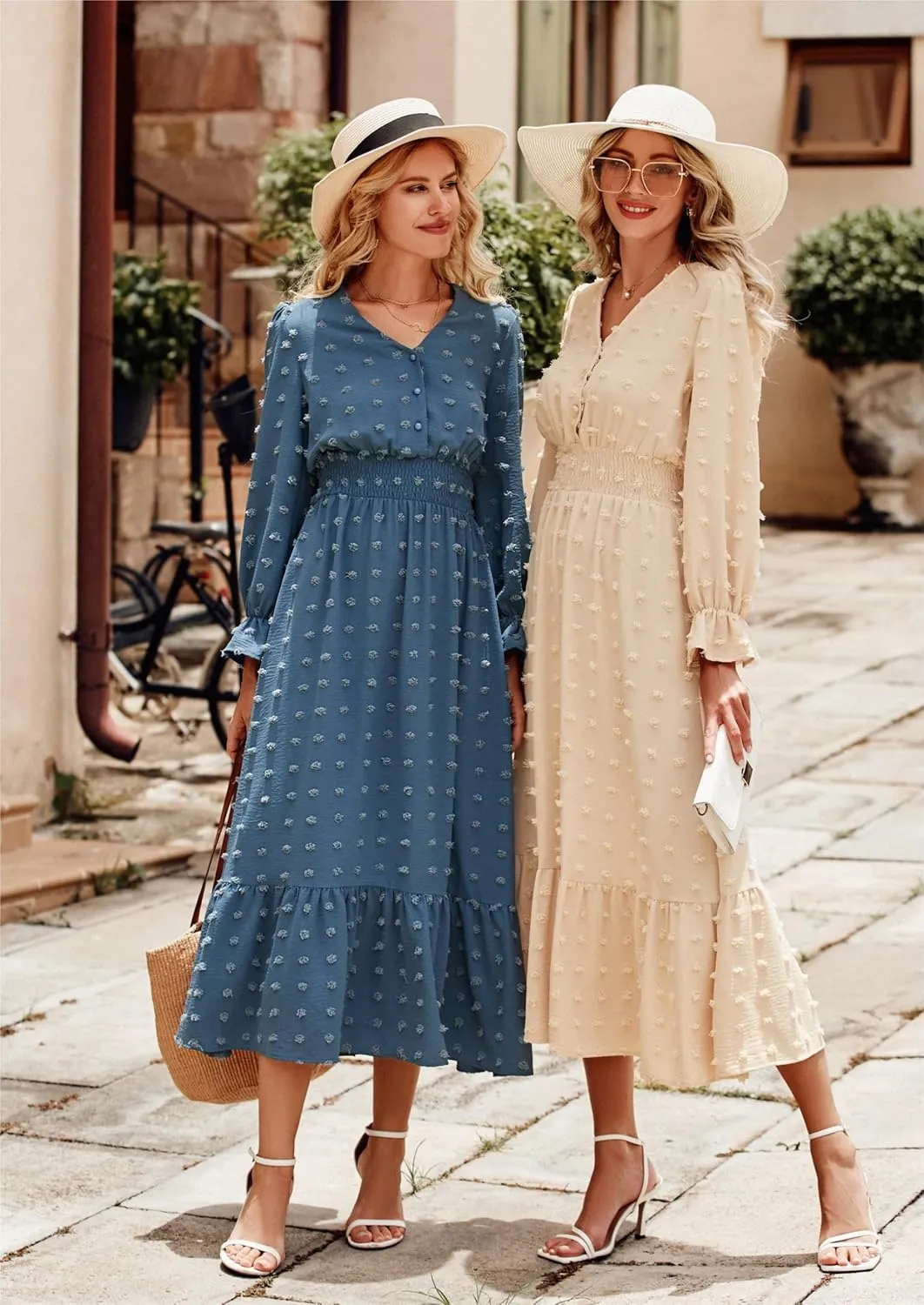 MASCOMODA Women Boho Maxi Dress 2025 Long Sleeve V Neck Swiss Dot Smocked High Waisted A-Line Ruffle Tiered Long Dress