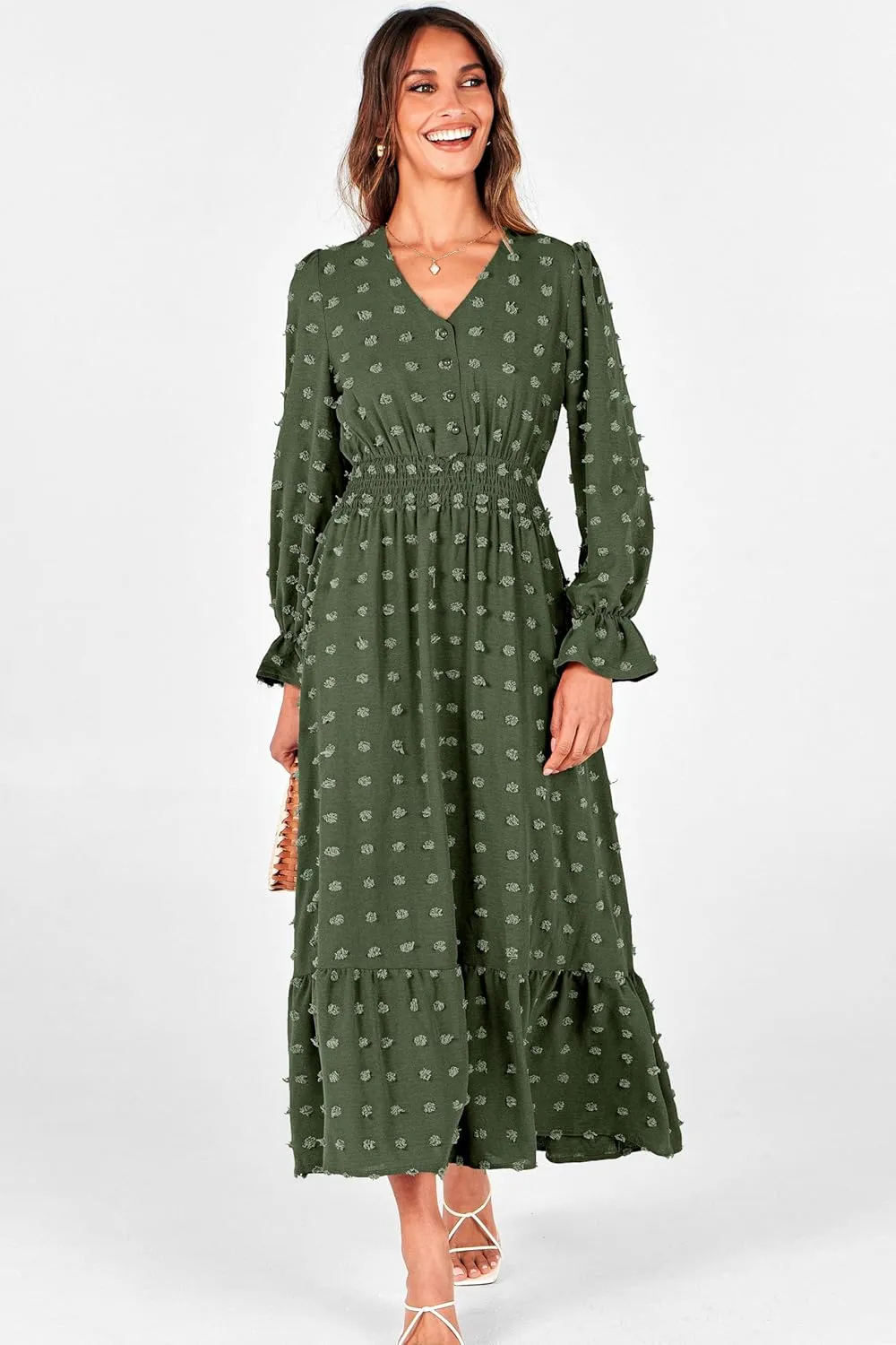 MASCOMODA Women Boho Maxi Dress 2025 Long Sleeve V Neck Swiss Dot Smocked High Waisted A-Line Ruffle Tiered Long Dress