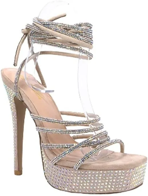 Mata Shoes Women's Lace Up Platform Heels Rhinestone Stiletto High Heel Sandals
