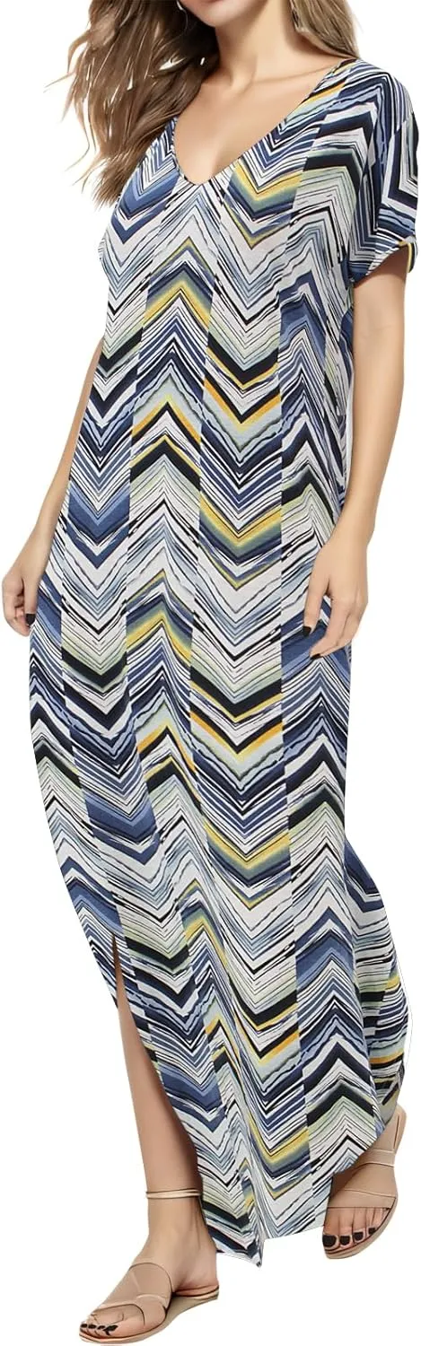 Match Women's V-Neck Casual Loose Short Sleeve Long T-Shirt Dress Split Maxi Dress with Side Pocket