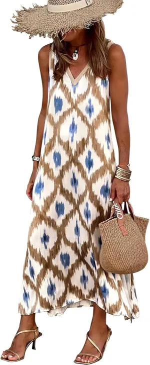 miduo Womens Casual Summer V Neck Sleeveless Floral Printed Beach Split Maxi Dress Sundress