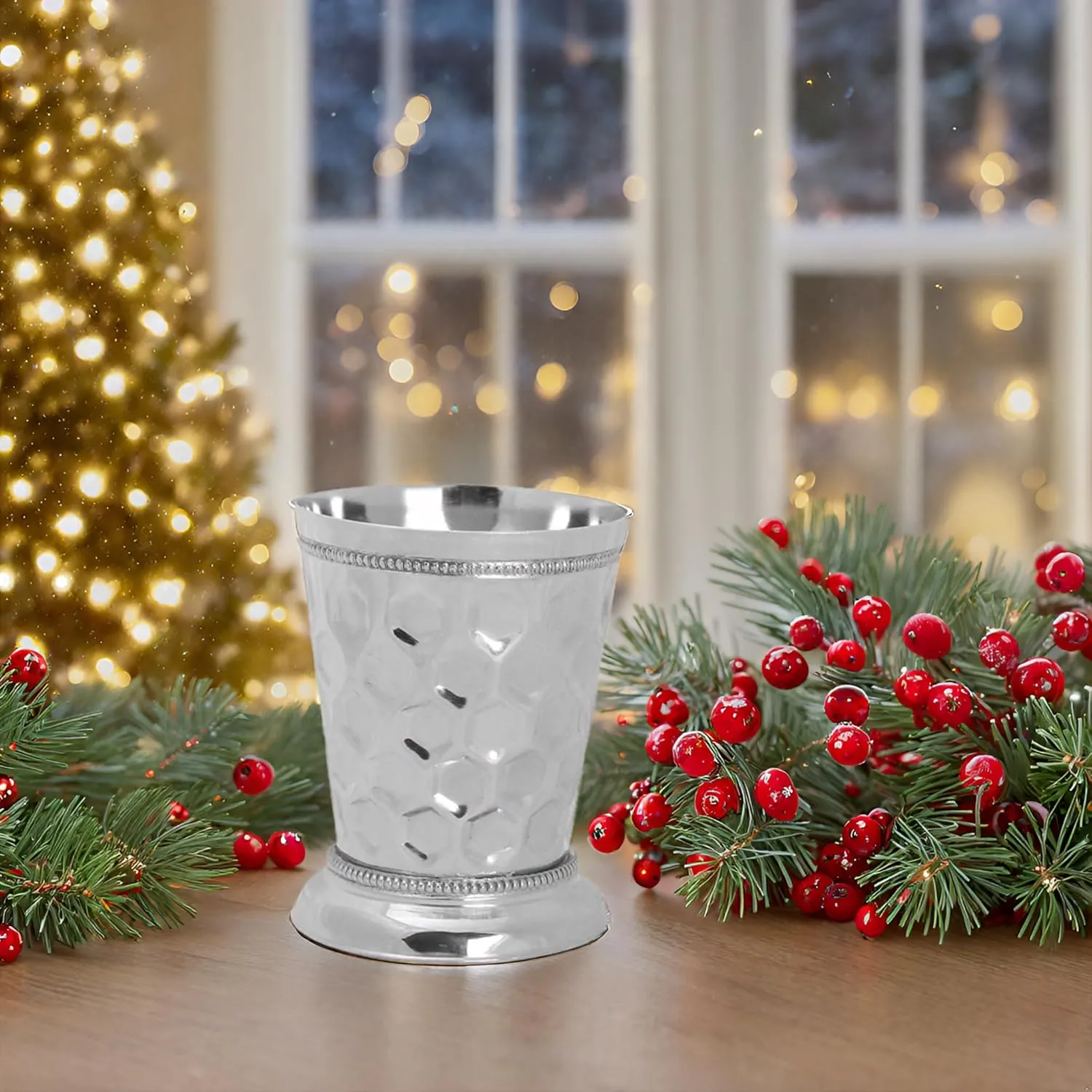 Mint Julep Cups For Bourbon Cocktail Moscow Mule Classic Beaded Trim Border Made by Soild Brass Capacity-12 Ounce (Silver, 1)