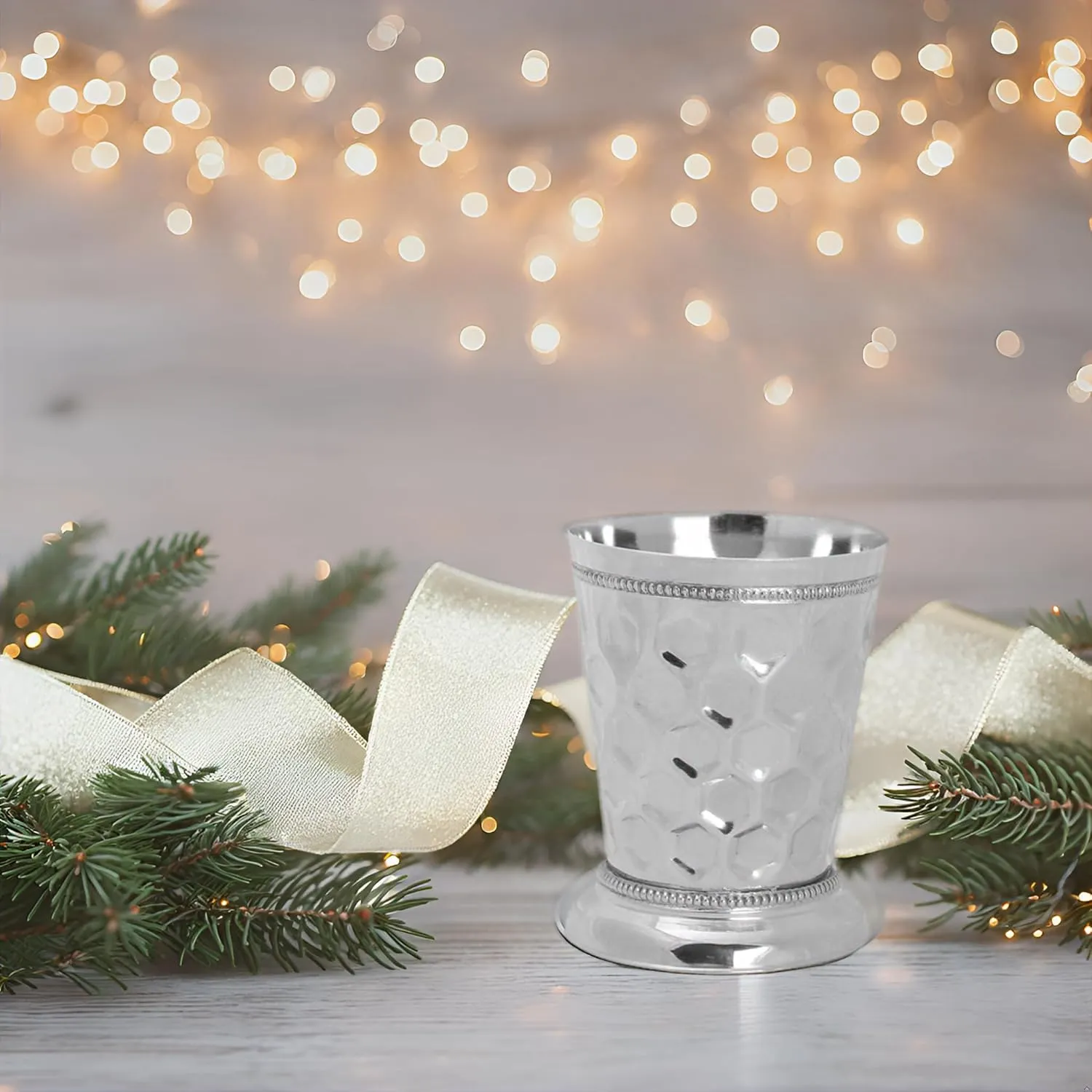 Mint Julep Cups For Bourbon Cocktail Moscow Mule Classic Beaded Trim Border Made by Soild Brass Capacity-12 Ounce (Silver, 1)