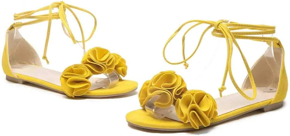 MIOKE Women's Bohemia Flowers Flat Sandals Open Toe Lace Up Strappy Comfort Boho Summer Beach Dress Shoes