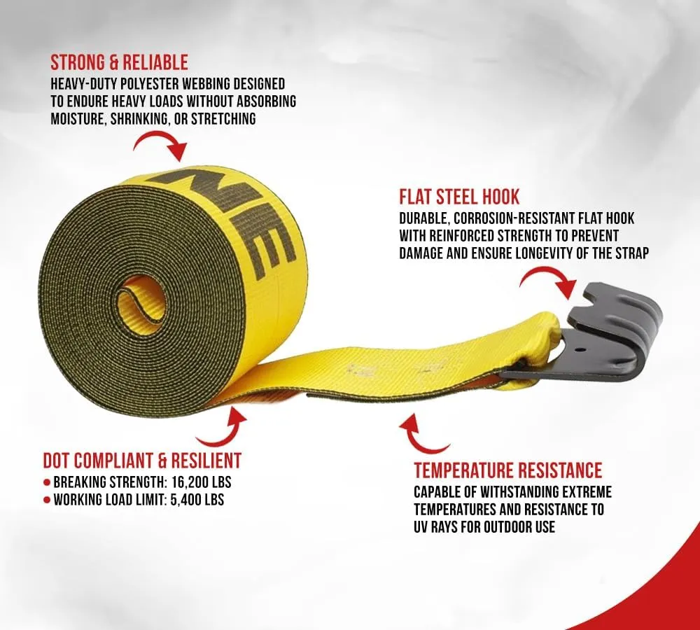 Mytee Products Kinedyne Winch Straps 4" x 30' Gold Heavy Duty Tie Down w/Flat Hooks WLL# 5400 lbs | 4 Inch Cargo Control for Flatbed Truck Utility Trailer (1 Pack)