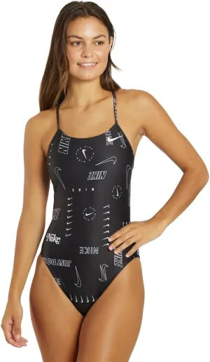 Nike Women's HydraStrong Multi Print Cut Out One Piece Swimsuit Black, Size 34