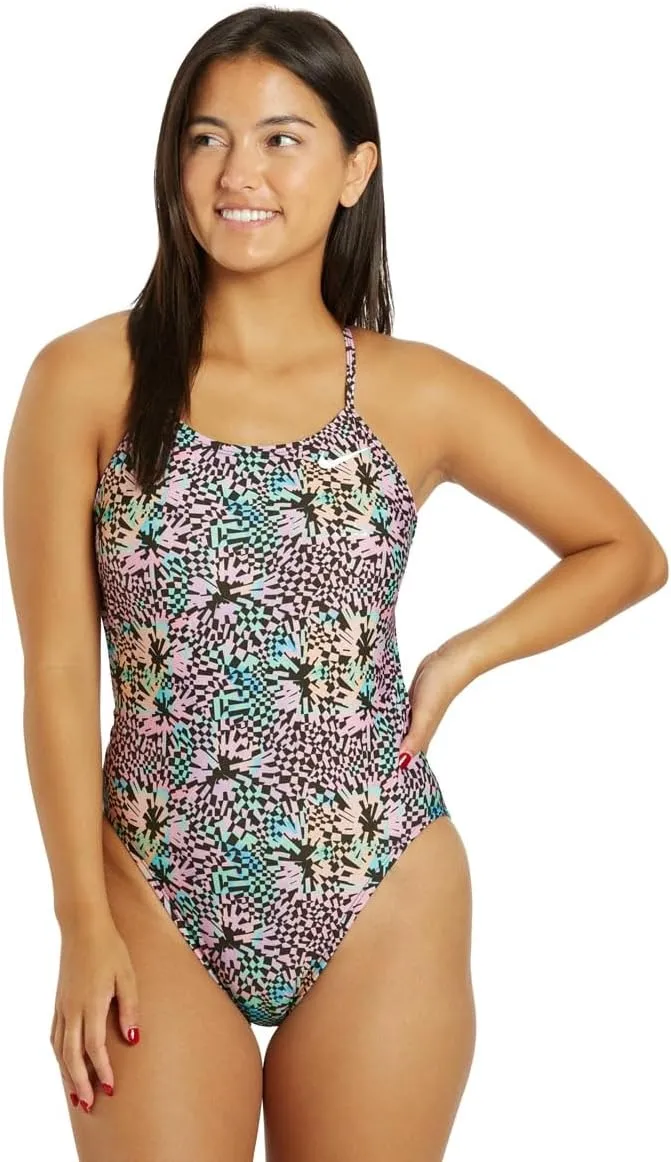 Nike Women's HydraStrong Multi Print Cut Out One Piece Swimsuit Pink Bloom, Size 32