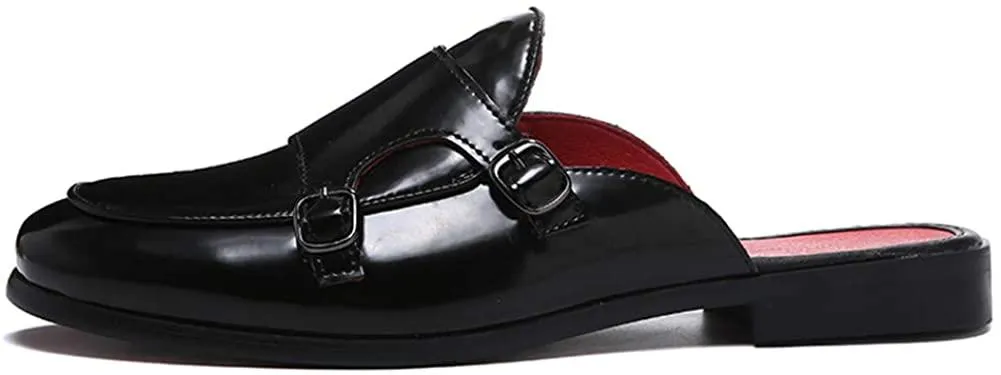NXY Men's Mule Loafer Leather Backless Gold Buckle Casual Dress Slippers Flat Slip on Slide Penny Loafers Black