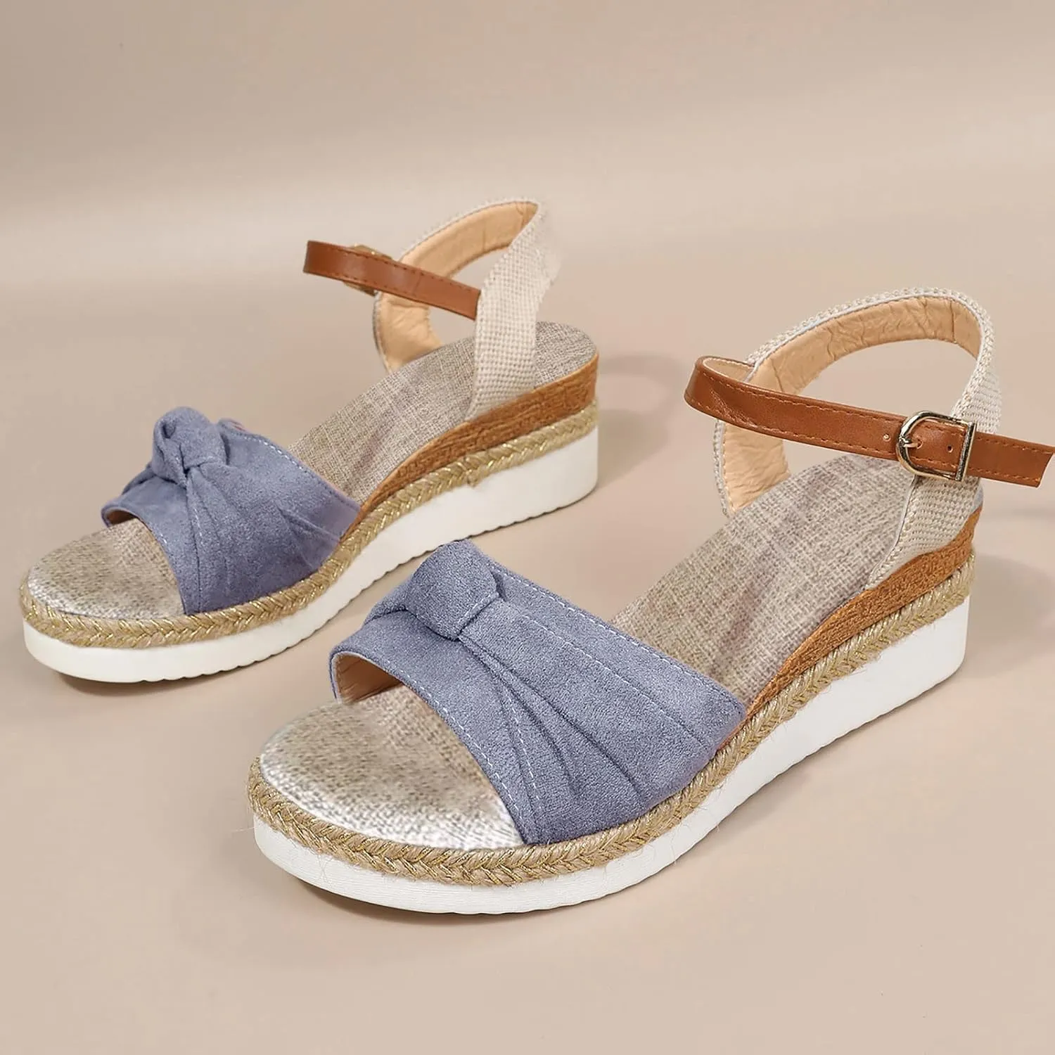 Orthopedic Platform Wedge Sandals for Women Summer Dressy 2023 Flat Open Toe Ankle Strap Espadrilles Sandals Casual Strappy Slip on Sandals Beach Boho Sandals Comfortable Outdoor Shoes (5-Grey, 8.5)