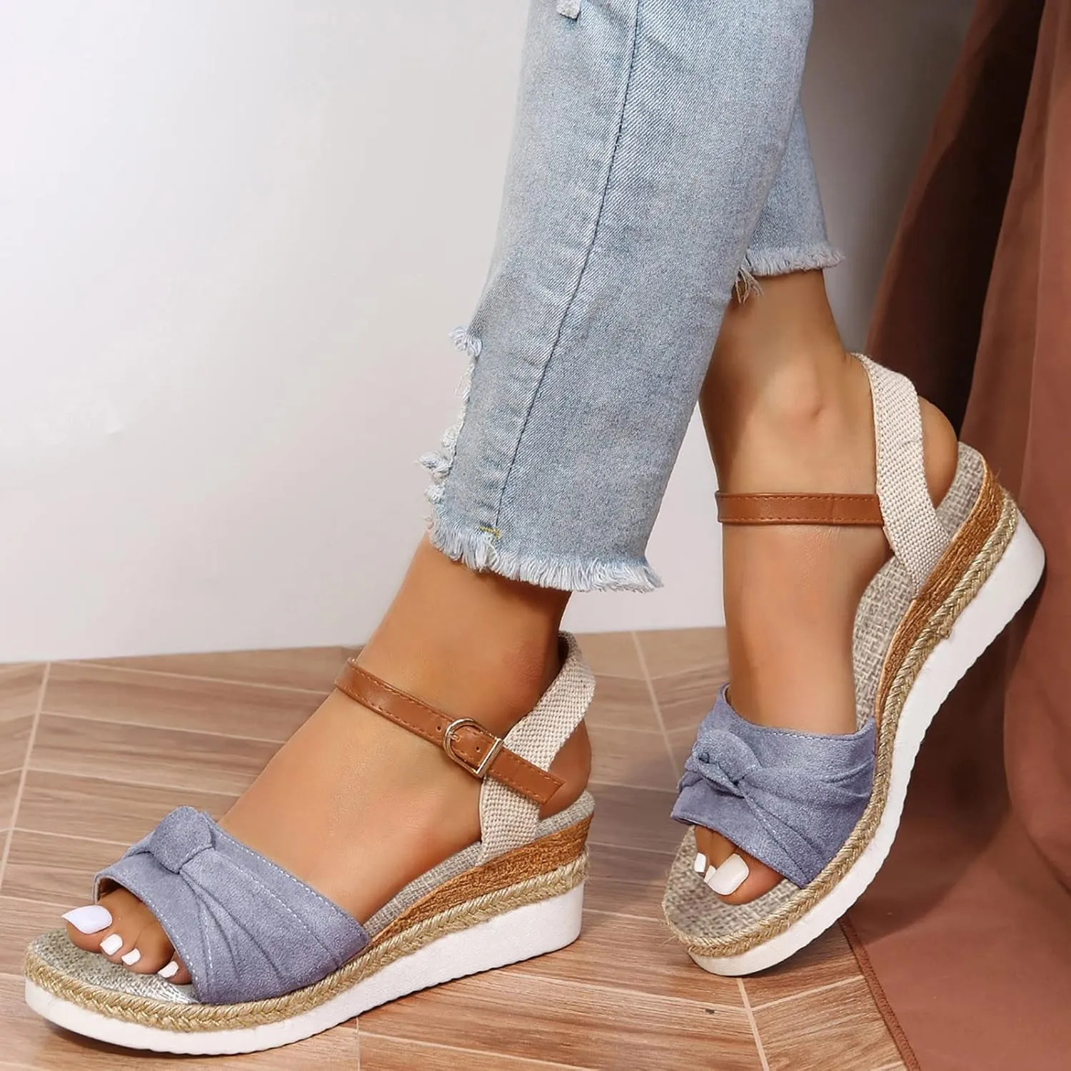 Orthopedic Platform Wedge Sandals for Women Summer Dressy 2023 Flat Open Toe Ankle Strap Espadrilles Sandals Casual Strappy Slip on Sandals Beach Boho Sandals Comfortable Outdoor Shoes (5-Grey, 8.5)