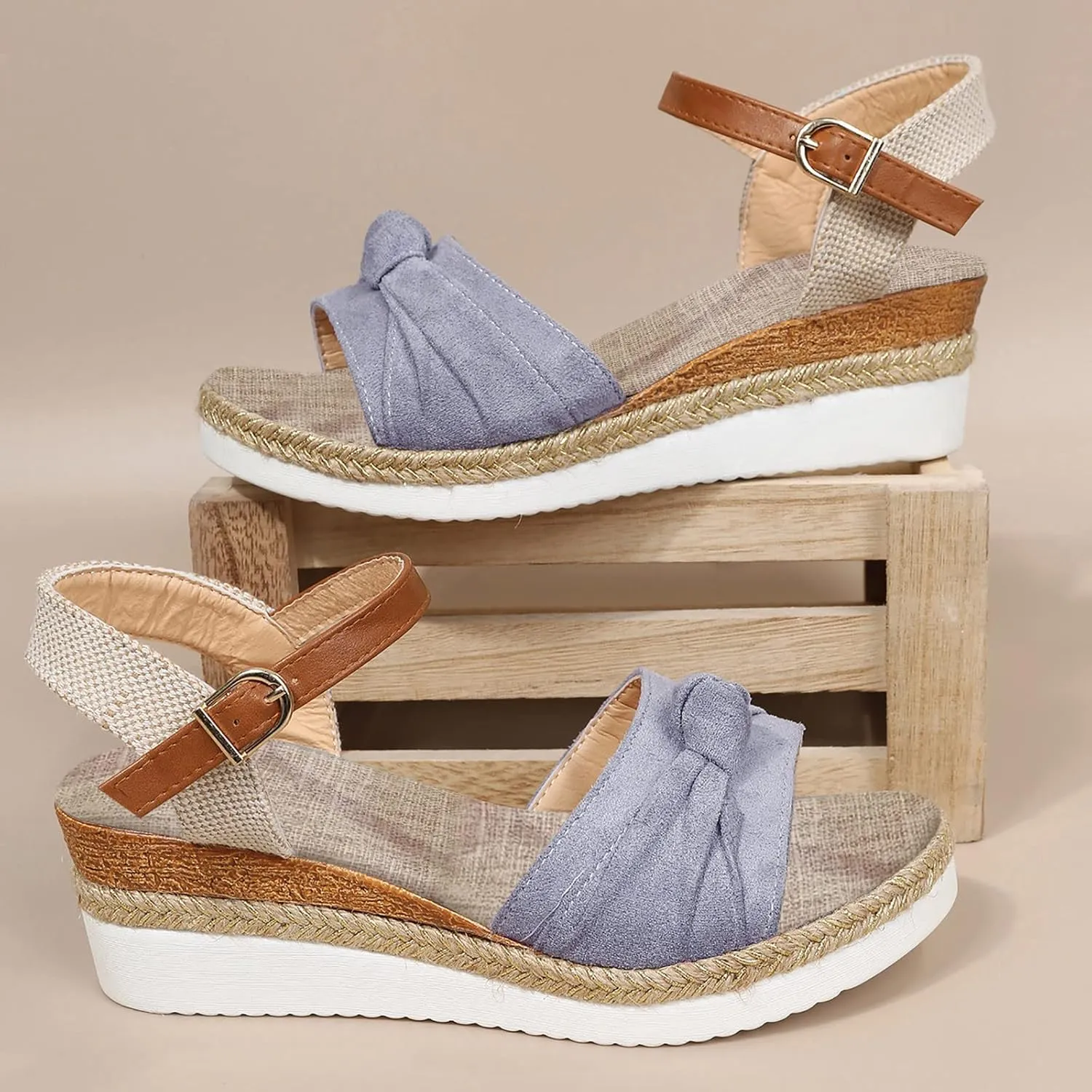 Orthopedic Platform Wedge Sandals for Women Summer Dressy 2023 Flat Open Toe Ankle Strap Espadrilles Sandals Casual Strappy Slip on Sandals Beach Boho Sandals Comfortable Outdoor Shoes (5-Grey, 8.5)