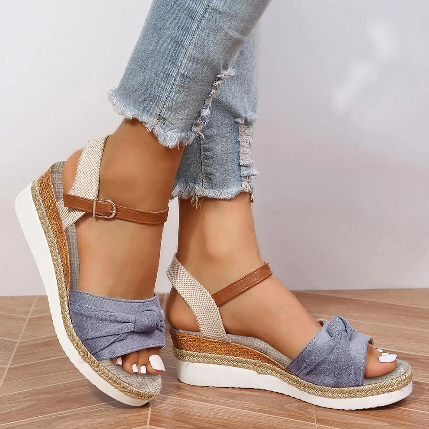 Orthopedic Platform Wedge Sandals for Women Summer Dressy 2023 Flat Open Toe Ankle Strap Espadrilles Sandals Casual Strappy Slip on Sandals Beach Boho Sandals Comfortable Outdoor Shoes (5-Grey, 8.5)