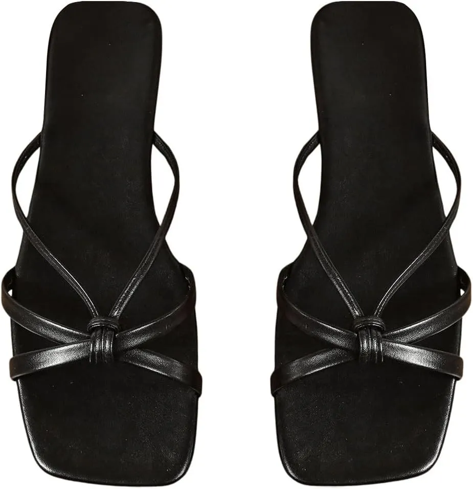 OYOANGLE Women's Leather Strappy Sandals Square Toe Slip On Flat Sandals Outdoor Slippers