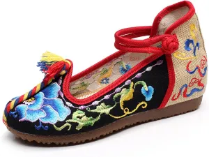 Qhome Women's Floral Embroidery Ethnic Style Strappy Comfortable Casual Walking Canvas Mary Jane Flat Shoes
