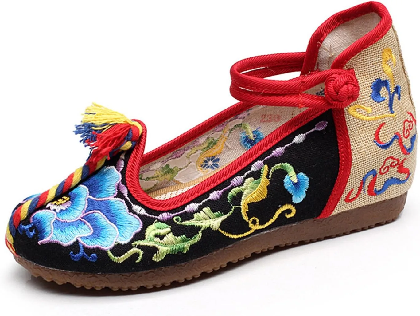 Qhome Women's Floral Embroidery Ethnic Style Strappy Comfortable Casual Walking Canvas Mary Jane Flat Shoes