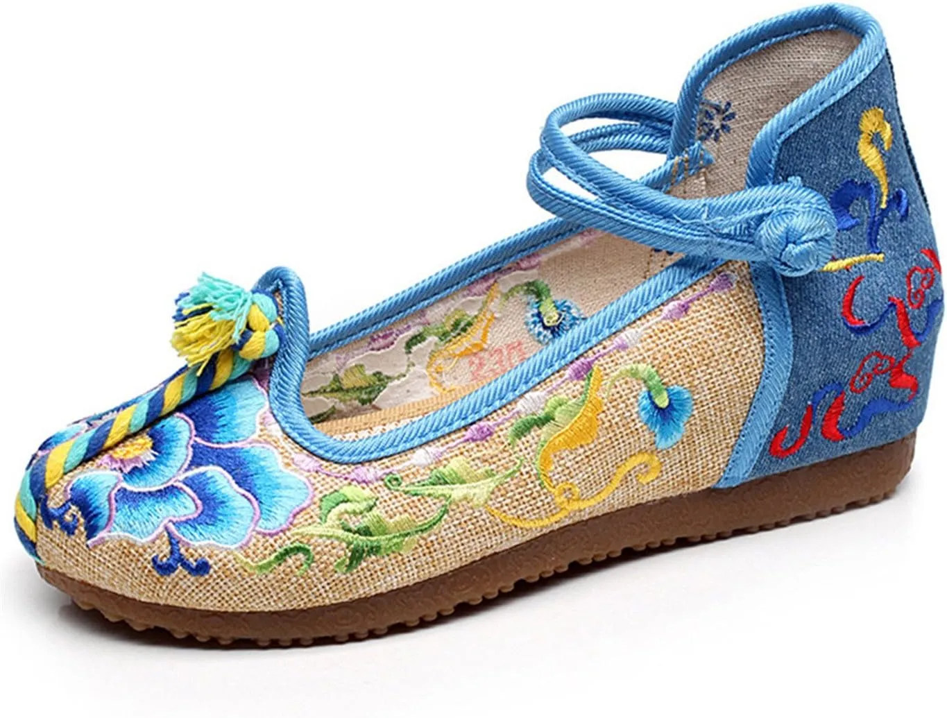 Qhome Women's Floral Embroidery Ethnic Style Strappy Comfortable Casual Walking Canvas Mary Jane Flat Shoes