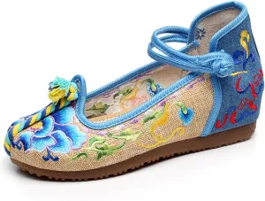 Qhome Women's Floral Embroidery Ethnic Style Strappy Comfortable Casual Walking Canvas Mary Jane Flat Shoes