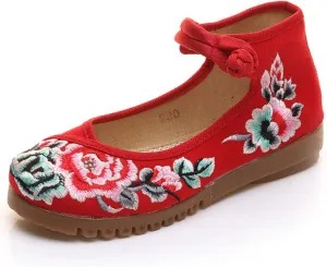 Qhome Women's Floral Embroidery Ethnic Style Strappy Comfortable Casual Walking Canvas Oxford Mary Jane Flat Shoes