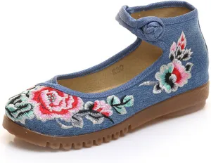 Qhome Women's Floral Embroidery Ethnic Style Strappy Comfortable Casual Walking Canvas Oxford Mary Jane Flat Shoes