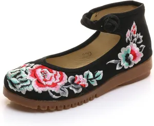 Qhome Women's Floral Embroidery Ethnic Style Strappy Comfortable Casual Walking Canvas Oxford Mary Jane Flat Shoes