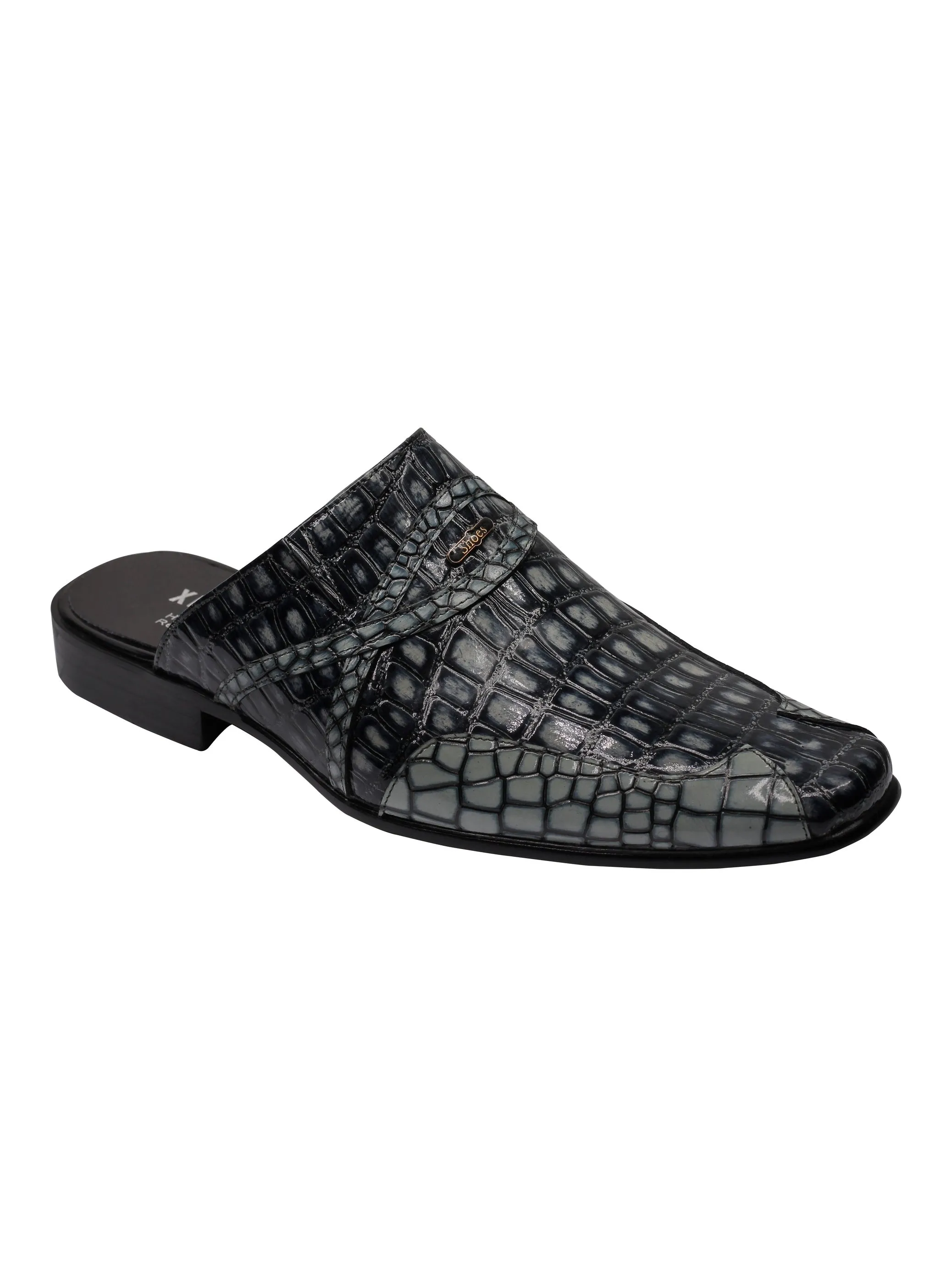 REAL LEATHER BLACK GREY SHINY PRINTED HALF SHOES