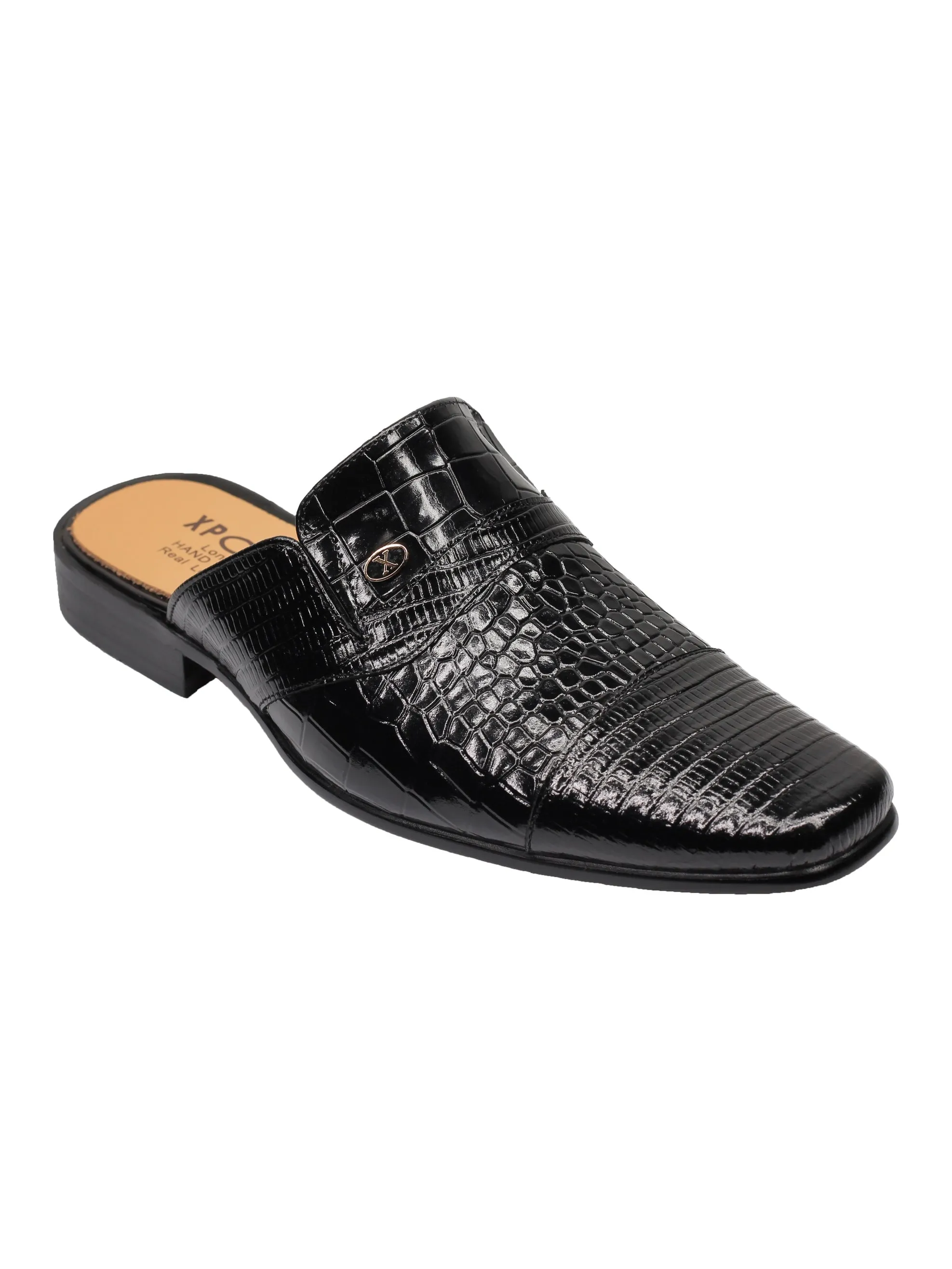 REAL LEATHER BLACK PRINTED HALF SHOE