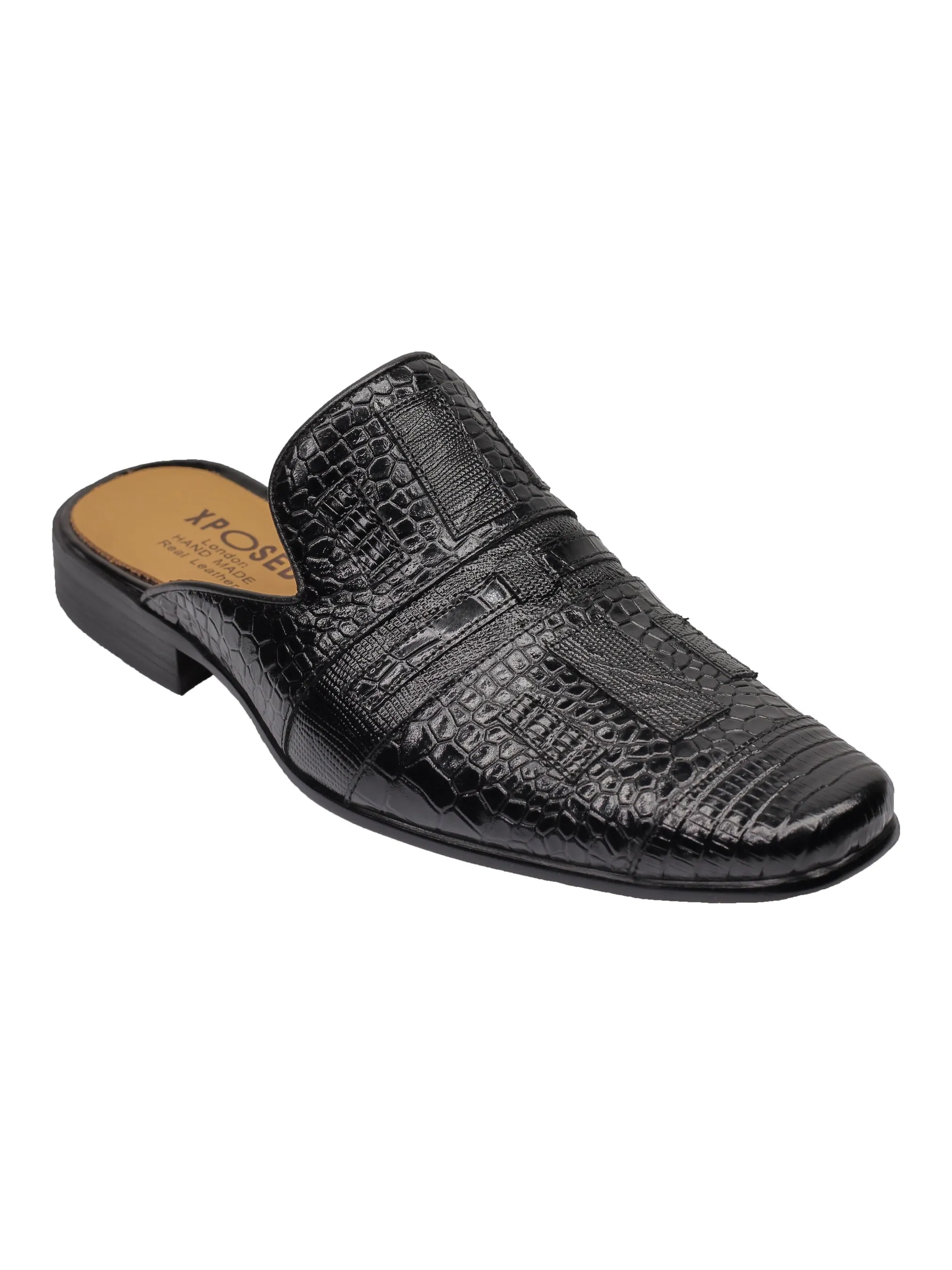 REAL LEATHER BLACK PRINTED HALF SHOES