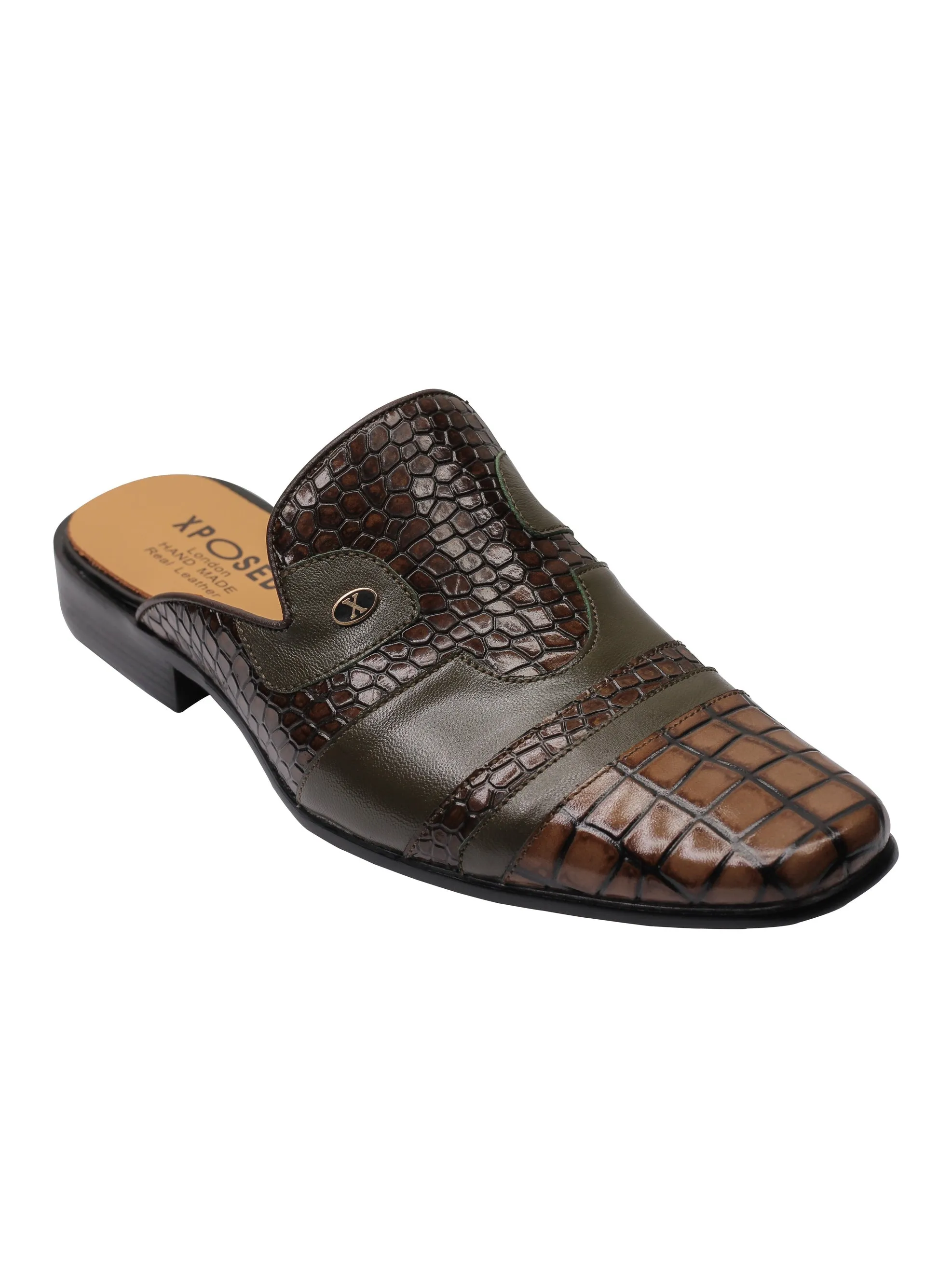 REAL LEATHER BROWN PRINTED HALF SHOE IN GREEN