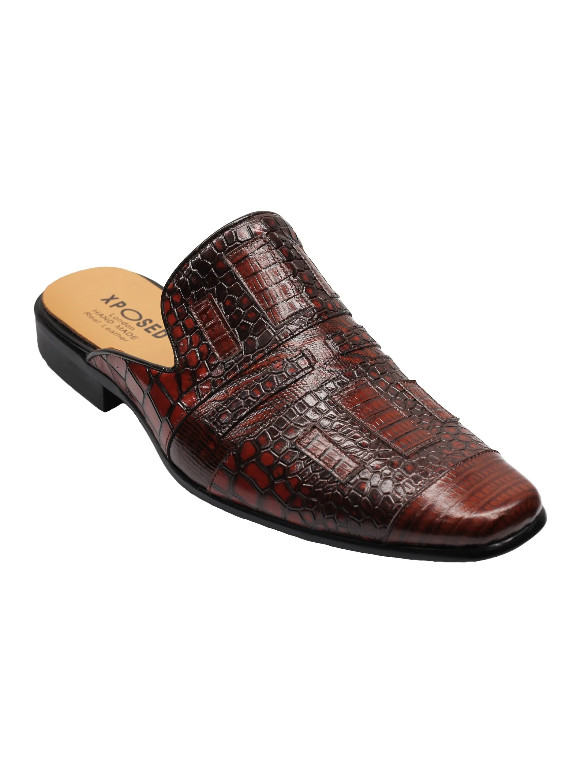 REAL LEATHER BROWN PRINTED HALF SHOES