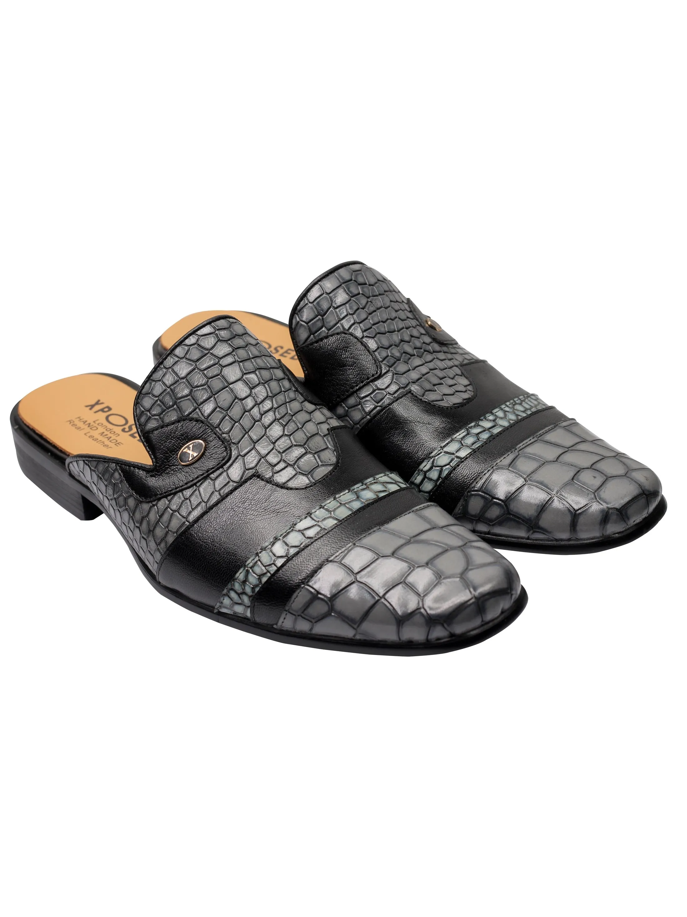 REAL LEATHER GREY PRINTED HALF SHOE