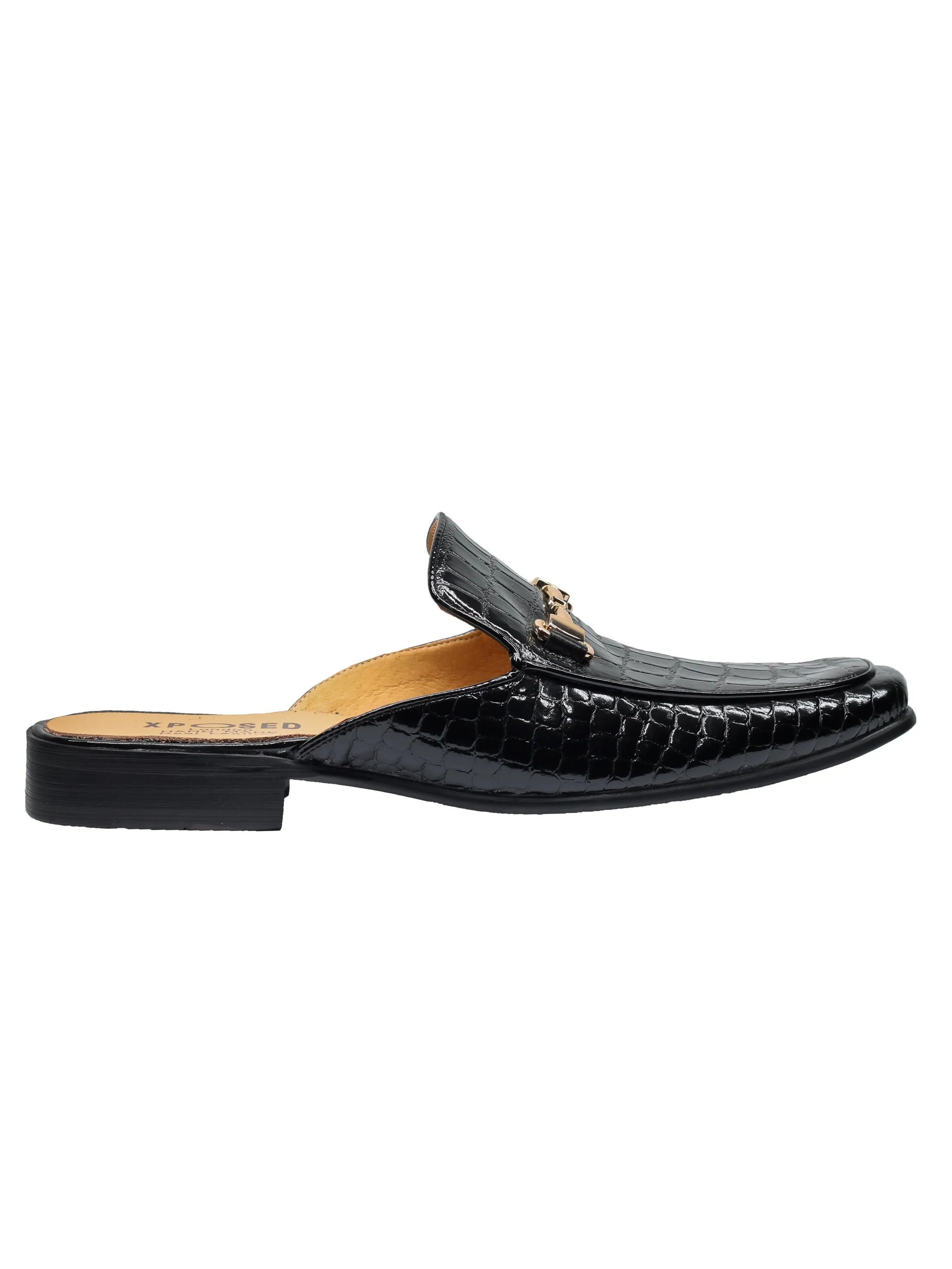 REAL LEATHER SHINY PRINTED HALF SHOES IN BLACK
