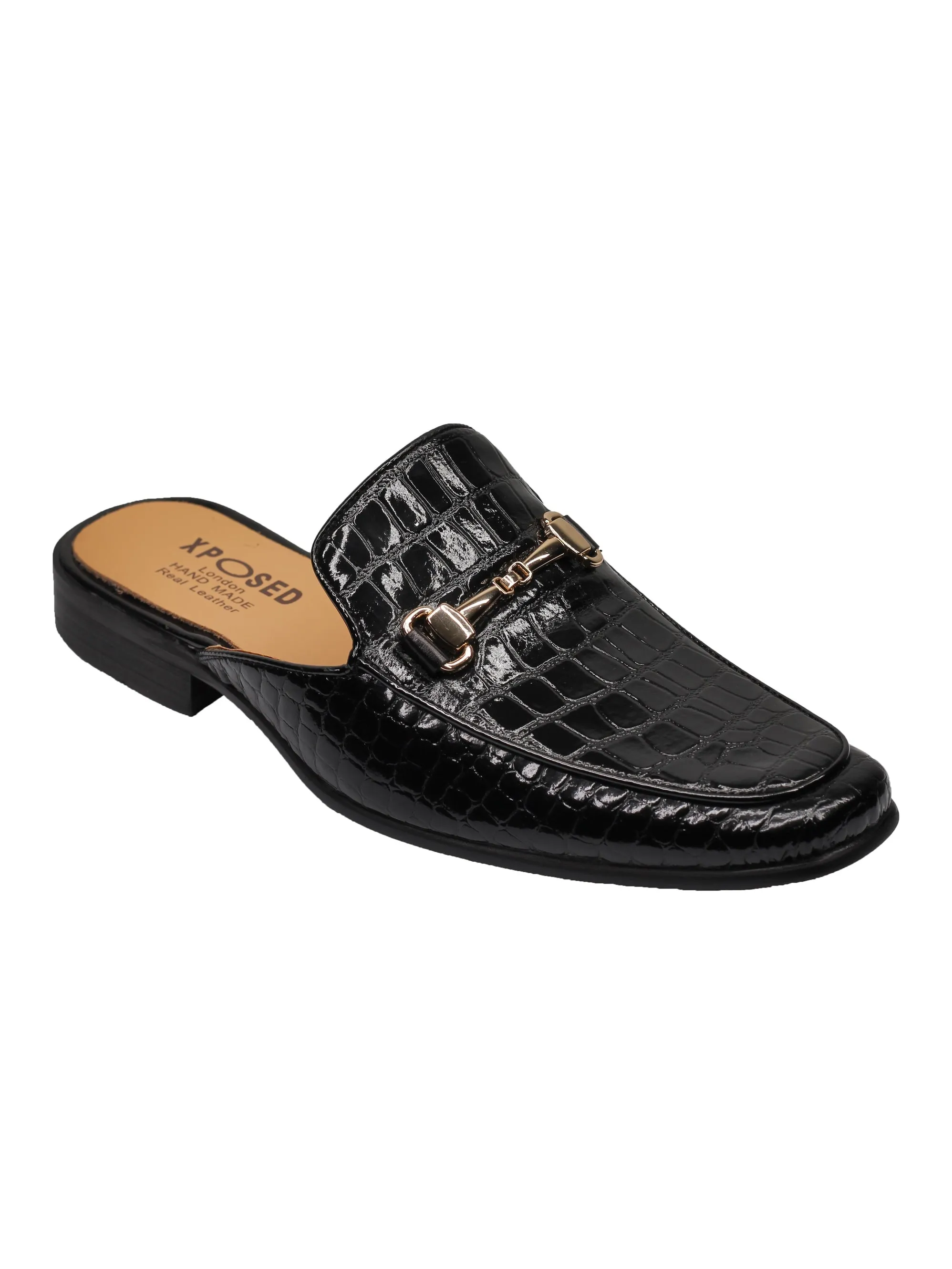 REAL LEATHER SHINY PRINTED HALF SHOES IN BLACK