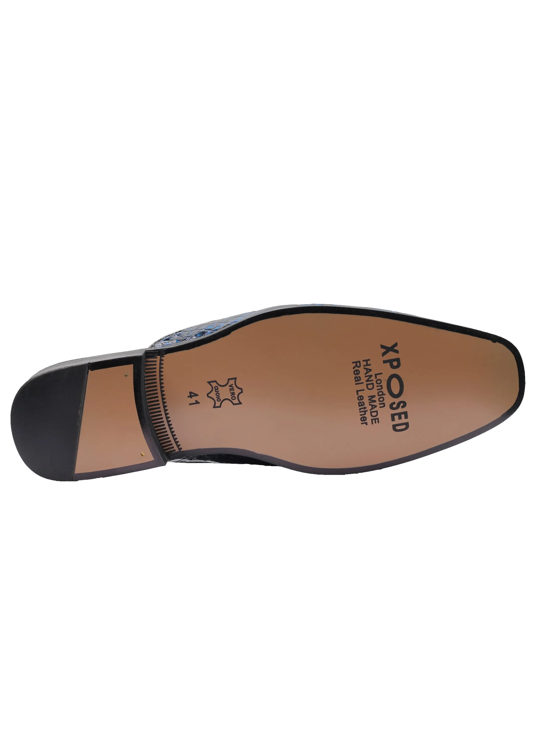 REAL LEATHER SHINY PRINTED HALF SHOES IN BLUE