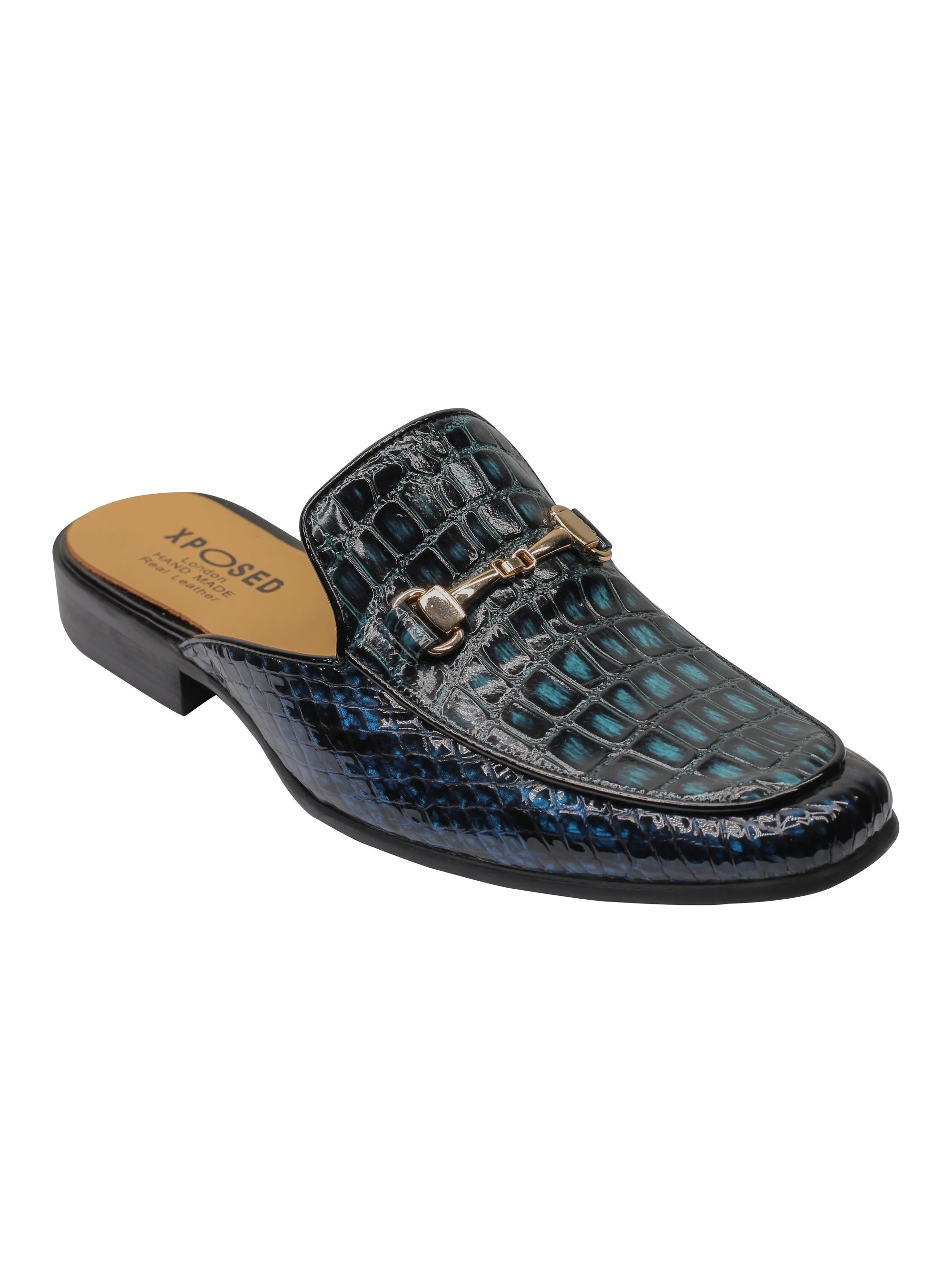 REAL LEATHER SHINY PRINTED HALF SHOES IN BLUE