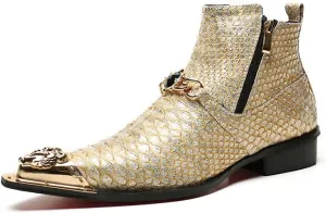 Rui Landed High Top Genuine Leather Faux Snakeskin Print Metal Tip Flat Mens Ankle Boots with Dual Zipper (Color : Beige, Size : 6.5 M US)