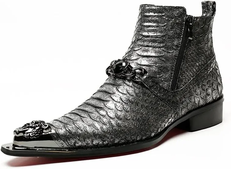 Rui Landed High Top Genuine Leather Faux Snakeskin Print Metal Tip Flat Mens Ankle Boots with Dual Zipper (Color : Black, Size : 10 M US)